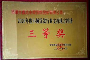 2020年度融资担保行业支持地方经济三等奖—常德鑫达小额贷款股份有限公司